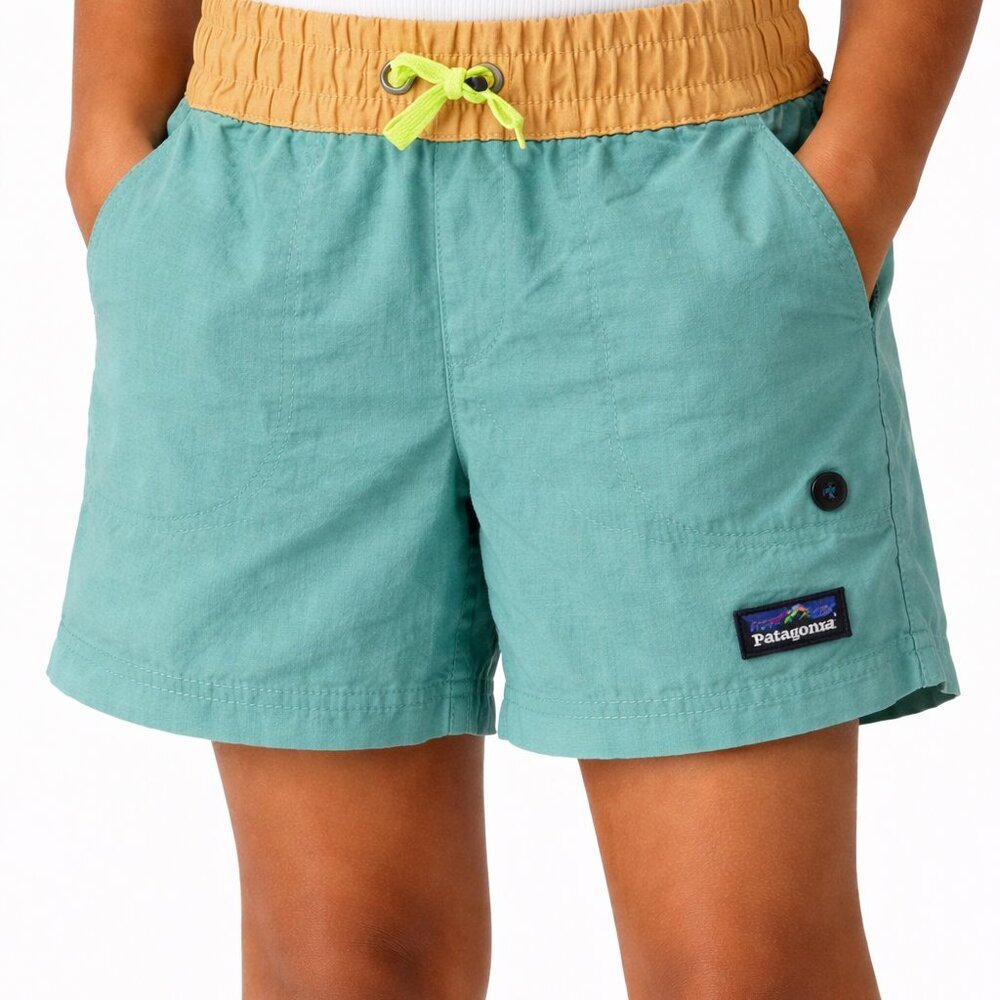 Patagonia Kids Baggies Shorts – Size L (Youth), Seafoam Green & Tan Waistband